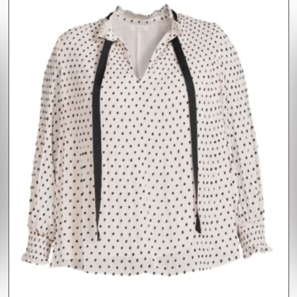 Max Studio Large Pleated Swiss Dot Necktie Blouse